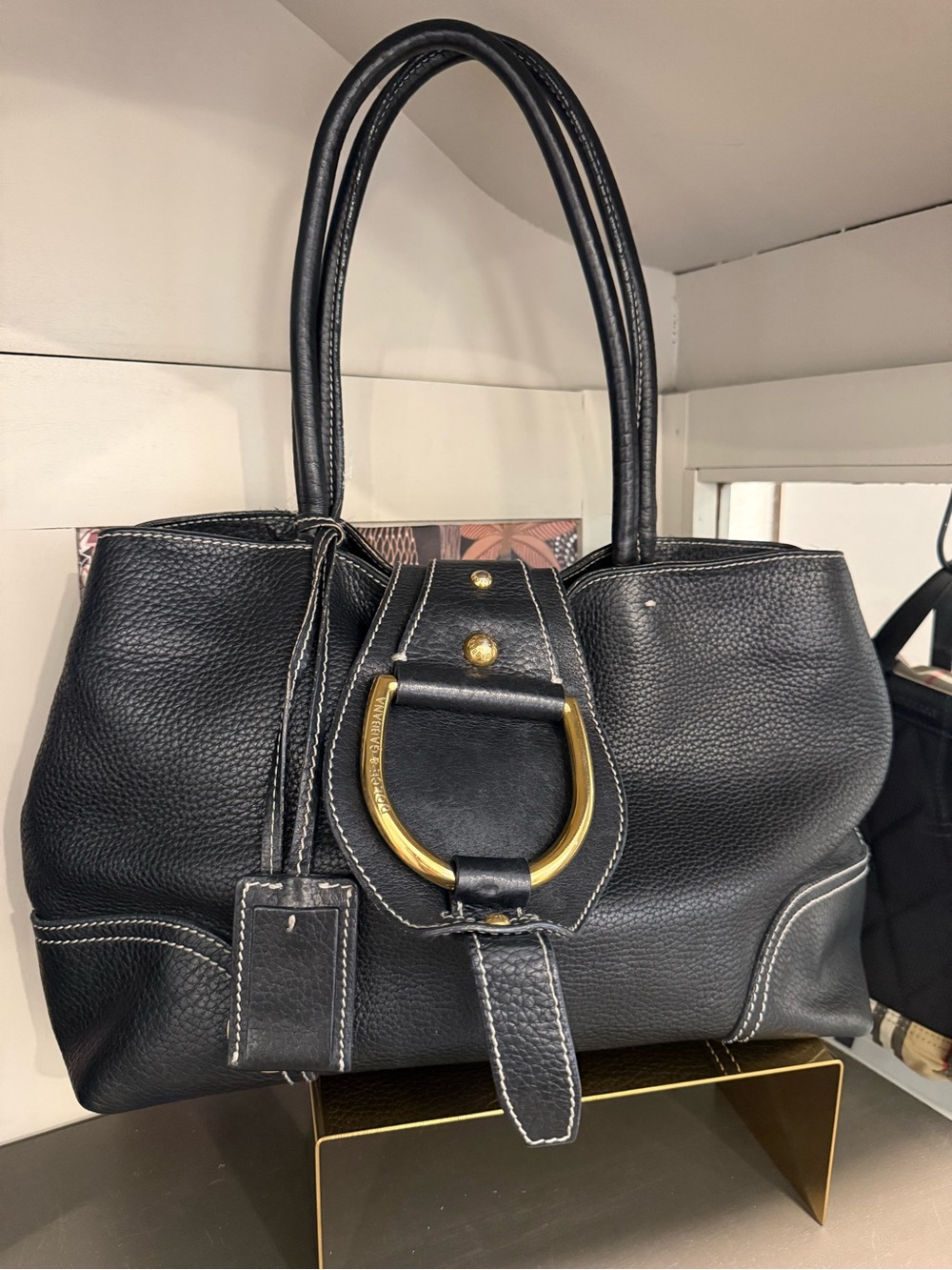 Dolce & Gabbana Black Leather Shoulder Bag with Gold Ring Hardware
